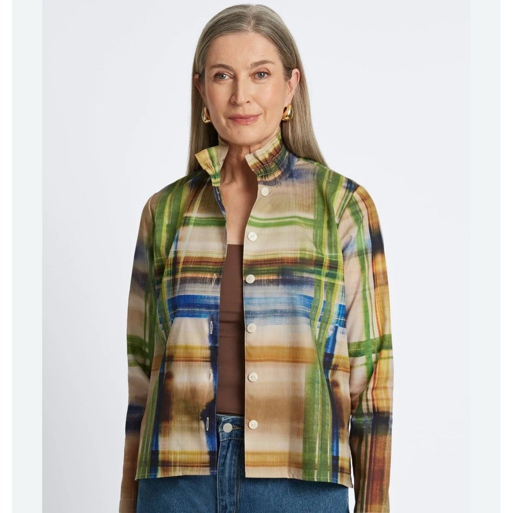 Foxcroft Carolina Painterly Stripe Cotton Button-Up Shirt  Jacket Size Medium